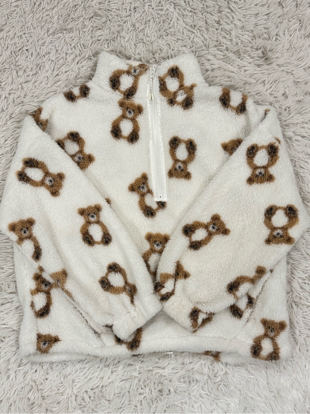 No Boundaries Teddy Print Sherpa Half-Zip - Cream and Brown